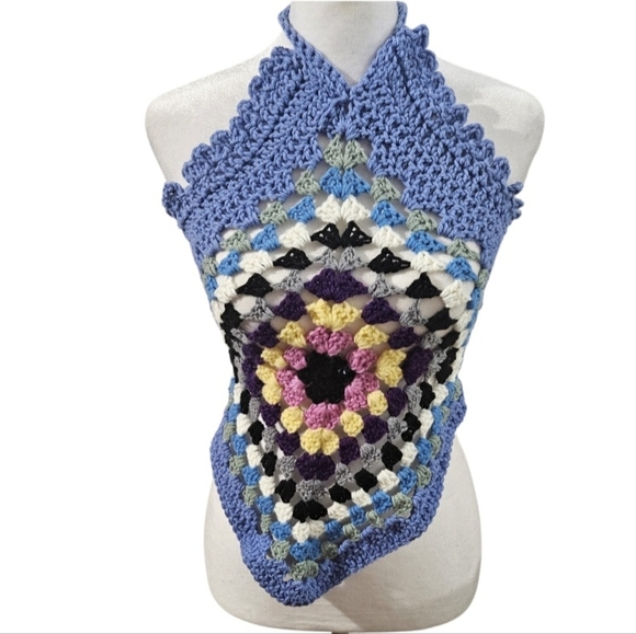 Handmade Granny Square Crochet Swim Cover Up Top Boho Resort Beachwear Colorful - Picture 10 of 17